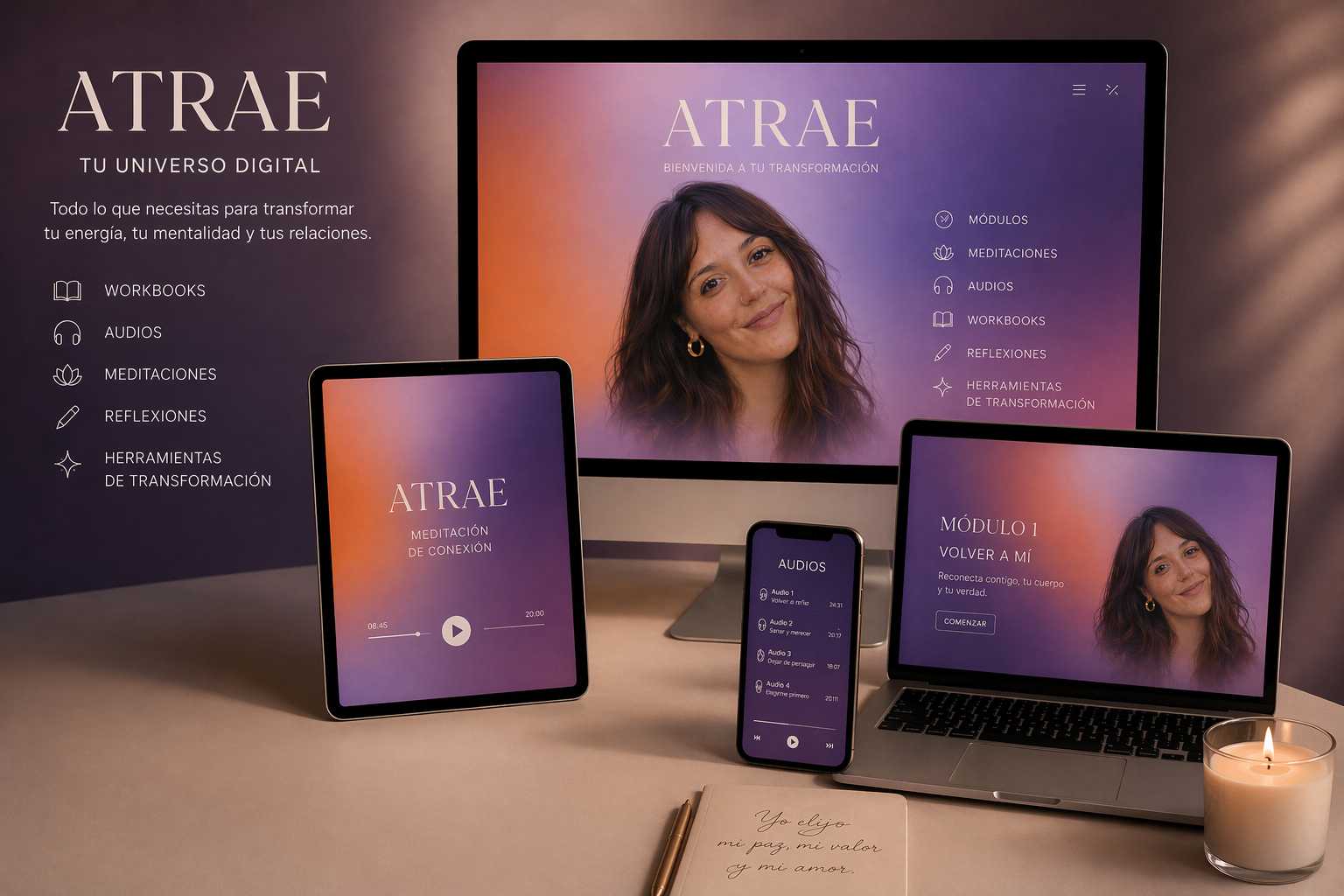 Mockup de la plataforma ATRAE en varios dispositivos mostrando el espacio de acompañamiento